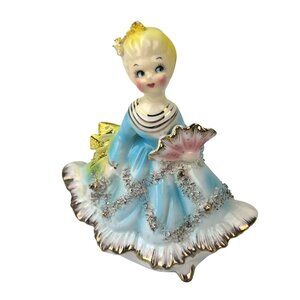 Victoria Ceramics Blue Dress Lady Figure w/ Fan Spaghetti Ceramic REPAIRED READ
